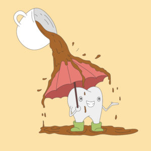 illustration of coffee poured on a tooth that is protected by an umbrella 